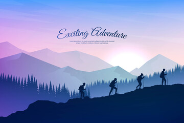 Vector illustration. Travel concept of discovering, exploring and observing nature. Hiking. Adventure tourism. Friends walking with backpack and travel sticks. Website template. Natural wallpaper