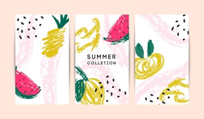 Summer Memphis Abstract vector card set. Hello summer illustrations for card, flyer, banner, poster, social media design template. Colorful fruit, pineapple, watermelon, leaves