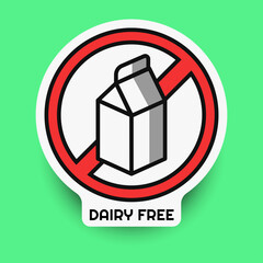 Dairy free vector isolated sticker. Dairy free emblem for allergen and allergy. Concept of logo in flat style with outline and shadow. Allergy stimulus vector for banner design. Substitute icon