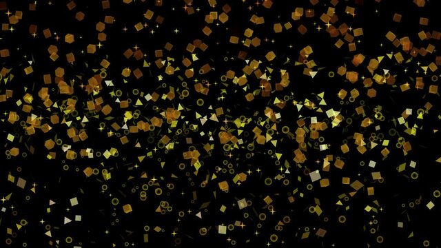 Animation Of Gold Glitter Confeti Falling Downt Background. Flying Circle And Other Particles Golden Confetti Elements. Sparkles, Tinsel Elements New Year. Golden Confetti Party. 4k