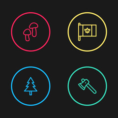 Set line Christmas tree, Wooden axe, Flag of Canada and Mushroom icon. Vector