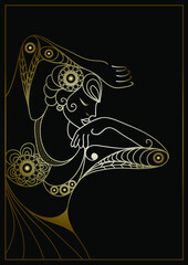 Stylized  abstract woman with golden ornaments. Vector illustration.