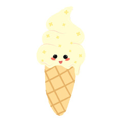 Ice cream cone with flowers. Cute character. Design element, badge, print. Isolated vector illustration.
