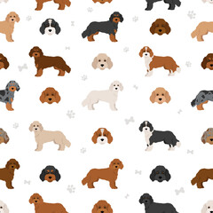 Cockapoo mix breed seamless pattern. Different poses, coat colors set.t poses, coat colors set.