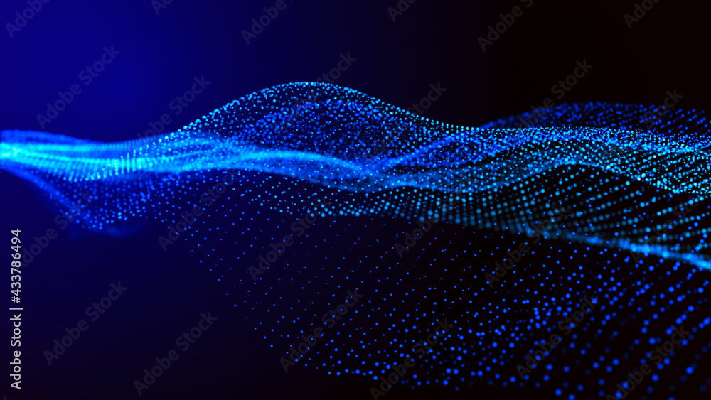 Poster abstract digital background. futuristic wave of dots and weave lines. digital technology. 3d renderi