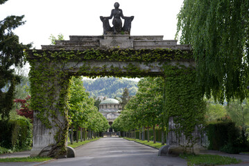 Stone gate at cemetery Sihlfeld at City of Zurich. Photo taken May 14th, 2021, Zurich, Swtzerland.