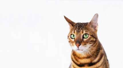 Funny serious sad bengal green-eyed cat,looking at camera on white background. Copyspace for text.Guilty pet look