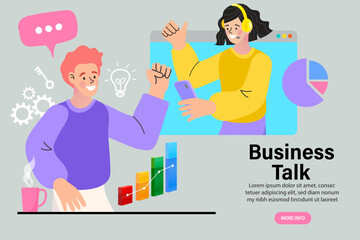 A businessman celebrates success after an online business talk with a female consultant or customer support agent. A hand-drawn vector for virtual meetings, professional advice, and communication.