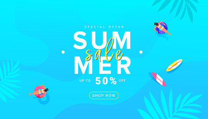 Fototapeta na wymiar Trendy colorful summer sale banner design background with beach accessories, tropical palm on bright blue background. Vector Illustration