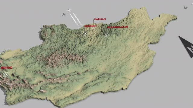 Seamless looping animation of the 3d terrain map of Mongolia with the capital and the biggest cites in 4K resolution