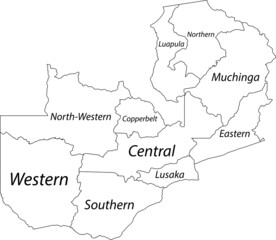 White blank vector map of the Republic of Zambia with black borders and names of its provinces