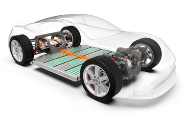 Elektroauto, Elektrofahrzeug mit Akkuantrieb, transparent dargestellter PKW, 3D Rendering