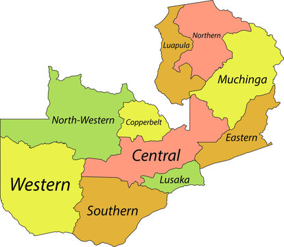 Pastel vector map of the Republic of Zambia with black borders and names of its provinces