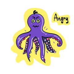 Vector cartoon octopus. Cartoon angry face. Angry character face expressions. Isolated octopus