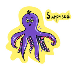 Vector cartoon octopus. Cartoon surprised face. Expressive character face expression. Isaolated octopus