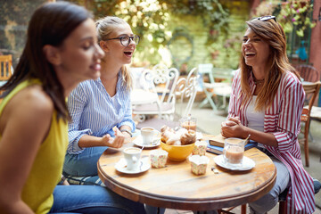 A group of female students is enjoying a chat while having a drink in a bar garden. Leisure, bar, friendship, outdoor
