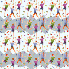 Teens climb wall in a gym. Indoor climbing. Seamless background pattern.