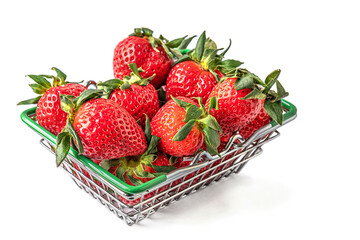 fresh sweet juicy strawberries in a shopping basket isolated on white
