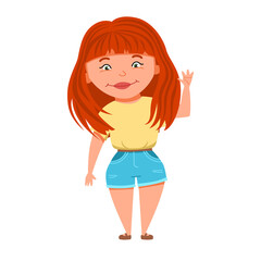A light-skinned, red-haired girl in shorts waves. Vector funny childrenes character in cartoon style.
