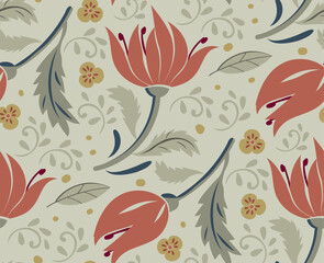 Red tulip flower on light background. Seamless pattern. Vector floral bright pattern for wrapping paper, fabric, cloth, cover. Vector illustration.