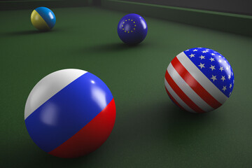 Billiard balls with state symbols of Russia, USA, European Union and Ukraine.