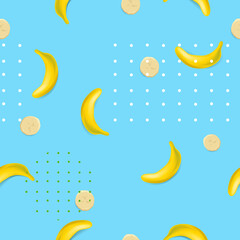 Obraz na płótnie Canvas The yellow banana and banana slices seamless pattern on bright blue background. Minimal trendy summer concept. Vector illustration