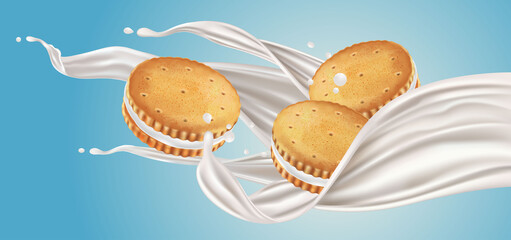 Wafer biscuits Milky liquid splashing in the middle isolated on solid color background, Vector realistic in 3d illustration.
