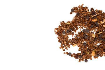 Chocolate granola cereal with nuts in a wooden spoon.