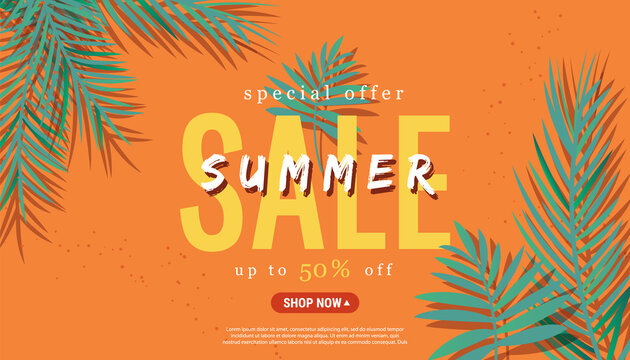 Season summer sale theme banner with green tropical palm on bright shaped backgrounds