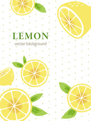 Hand drawn lemon illustration on yellow green polka dot background. Background design template with lemons for poster, web banner, flyer, cover, package, greeting card.