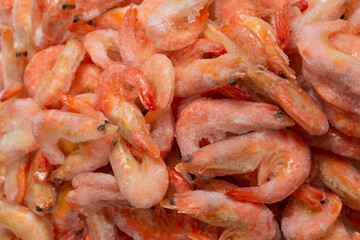 Fresh shrimps in ice. Top view.