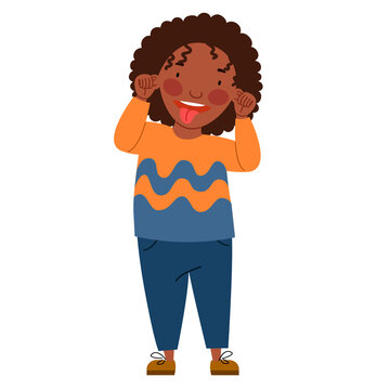 Curly-haired African girl made a face and showed her tongue Vector illustration in flat style