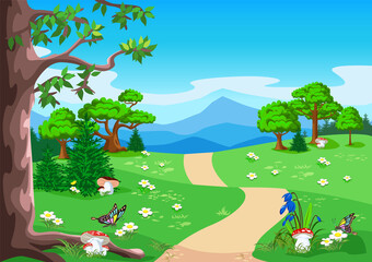 Fairytale background with trees, butterflies, flower and mushroom meadow, path, mountains and blue sky in cartoon style. Vector illustration.