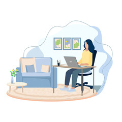 The girl works at home for a laptop. Work from home. Freelance. Home Office. Vector illustration of a blot.