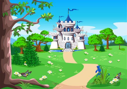 Fairy tale landscape with a path leading to the castle for the beautiful princess and prince with towers and gates. Vector illustration of a magic castle in the forest.