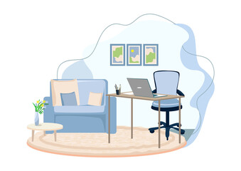 Vector illustration of home office interior with office chair, table, laptop, soft chair, paintings and carpet.
