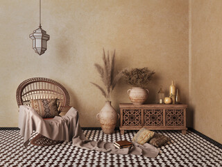 Arabic,Islamic style interior.Rattan chair,table,lamp,dried flowers vases with brown wall and patterned floor tile.3d rendering