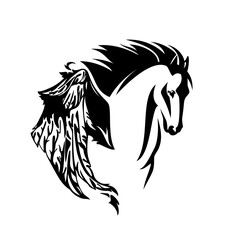 pegasus winged horse head portrait - mythical animal flying forward black and white vector design