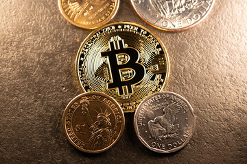 Dollar coins surrounding a Gold Bitcoin. Digital Crypto Currency with US Dollar Coins. Trading and...