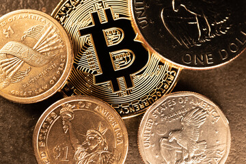 Dollar coins surrounding a Gold Bitcoin. Digital Crypto Currency with US Dollar Coins. Trading and...