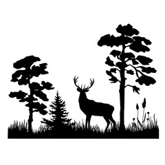 A black silhouette of a deer standing among the trees on the grass. Vector illustration of a forest with pine tree.