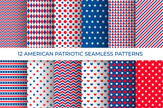 12 American patriotic seamless patterns. USA traditional stars and stripes background set. Red blue white backdrop. Vector template for fabric, textile, wallpaper, wrapping paper, etc