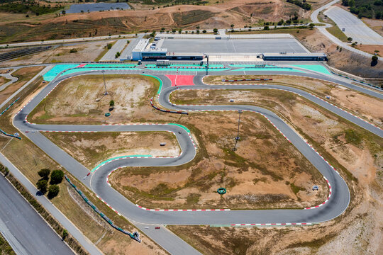 Portimao, Portugal - May 2021 - Aerial Drone View Over Karting Racing Track Near Algarve International Circuit.