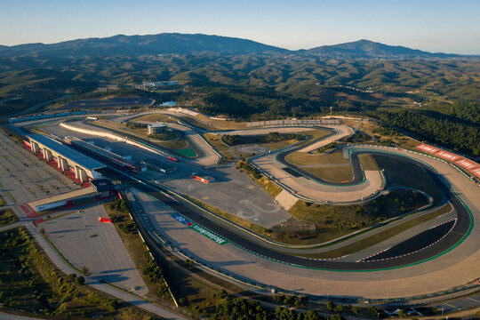Portimao, Portugal - May 2021 - Aerial drone view over racing track Algarve International Circuit in Lagos Portimao.