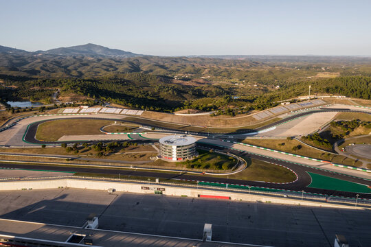 Portimao, Portugal - May 2021 - Aerial drone view over racing track Algarve International Circuit in Lagos Portimao.