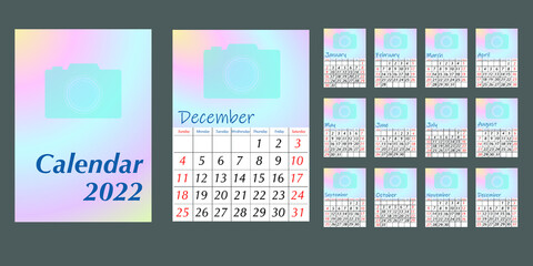Calendar 2022. Calendar with place for a photo and company logo. The week starts on Sunday. The calendar size is A4. A set of 12 months. Vector illustration. 