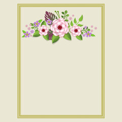 Bouquet of various paper art flowers and leaves, decorative rectangular frame. 