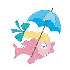 Fototapeta na wymiar Cartoon fish with braid, bow and umbrella. A funny character for children's illustrations. Hand-drawn vector. Marine life, underwater world. Cheerful aquarium, sea and ocean. For girl, print t-shirt.