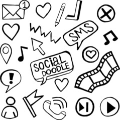 A set of objects and elements related to social networks, the Internet, and media. Hand-drawn vector illustration of doodles in the style of black ink.