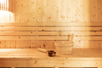 Small home wooden sauna, spa room. Relax in a hot sauna.